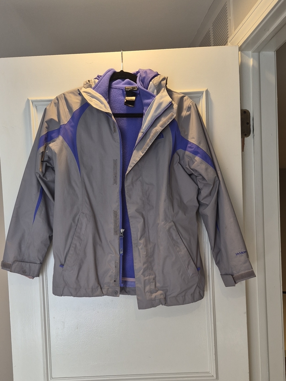 The North Face Kids Gray and Purple Hooded Rain Jacket
